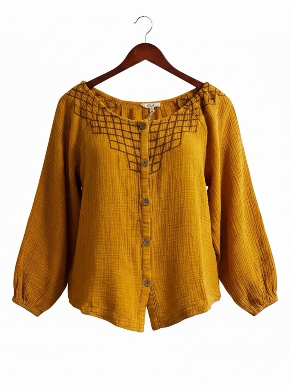 Easel Mustard Yellow Cotton Gauze Boho Peasant Top Small NWT